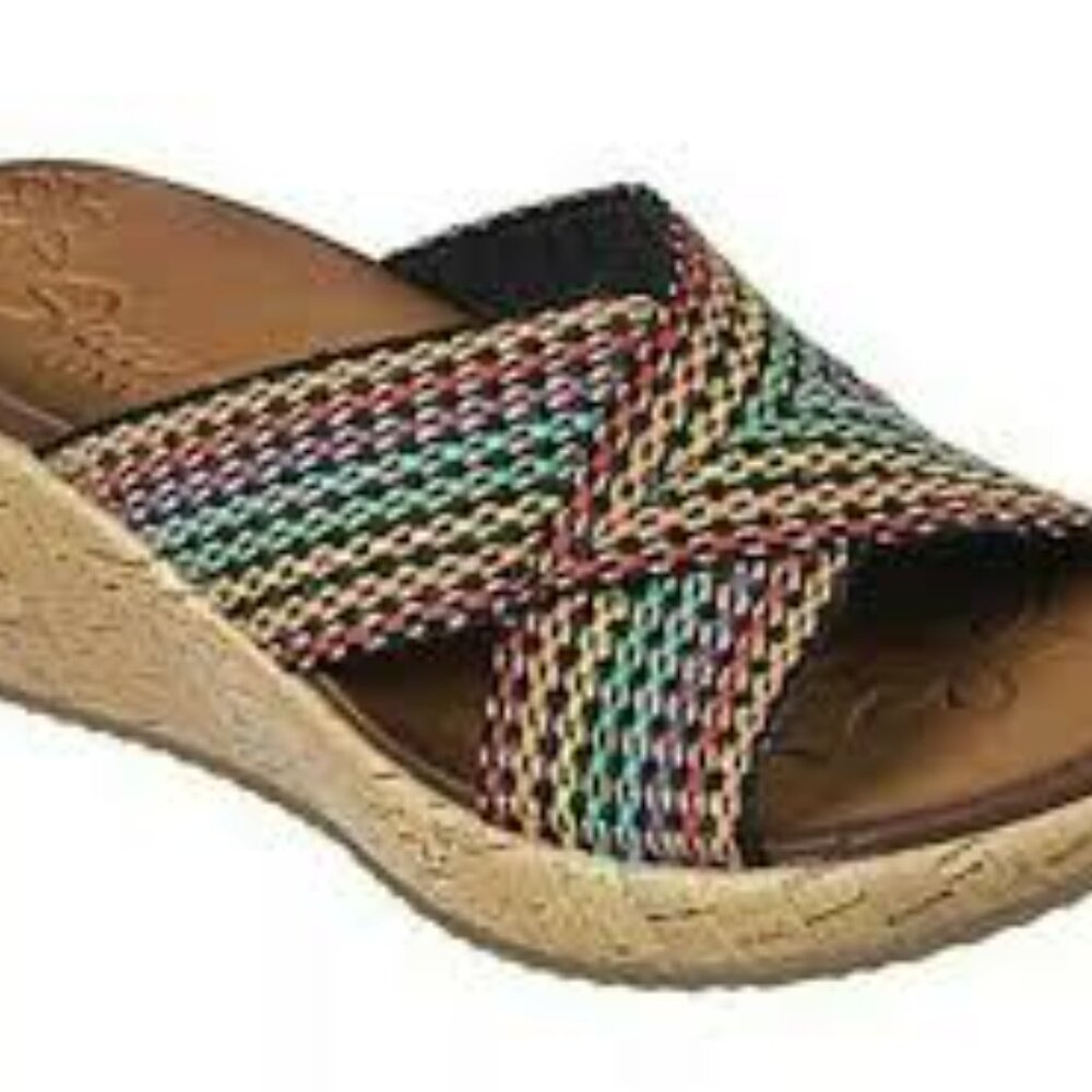 Skechers Women's Multicolor Beverlee Delighted Wedge Cross‎ Strap Slide Sandal 7